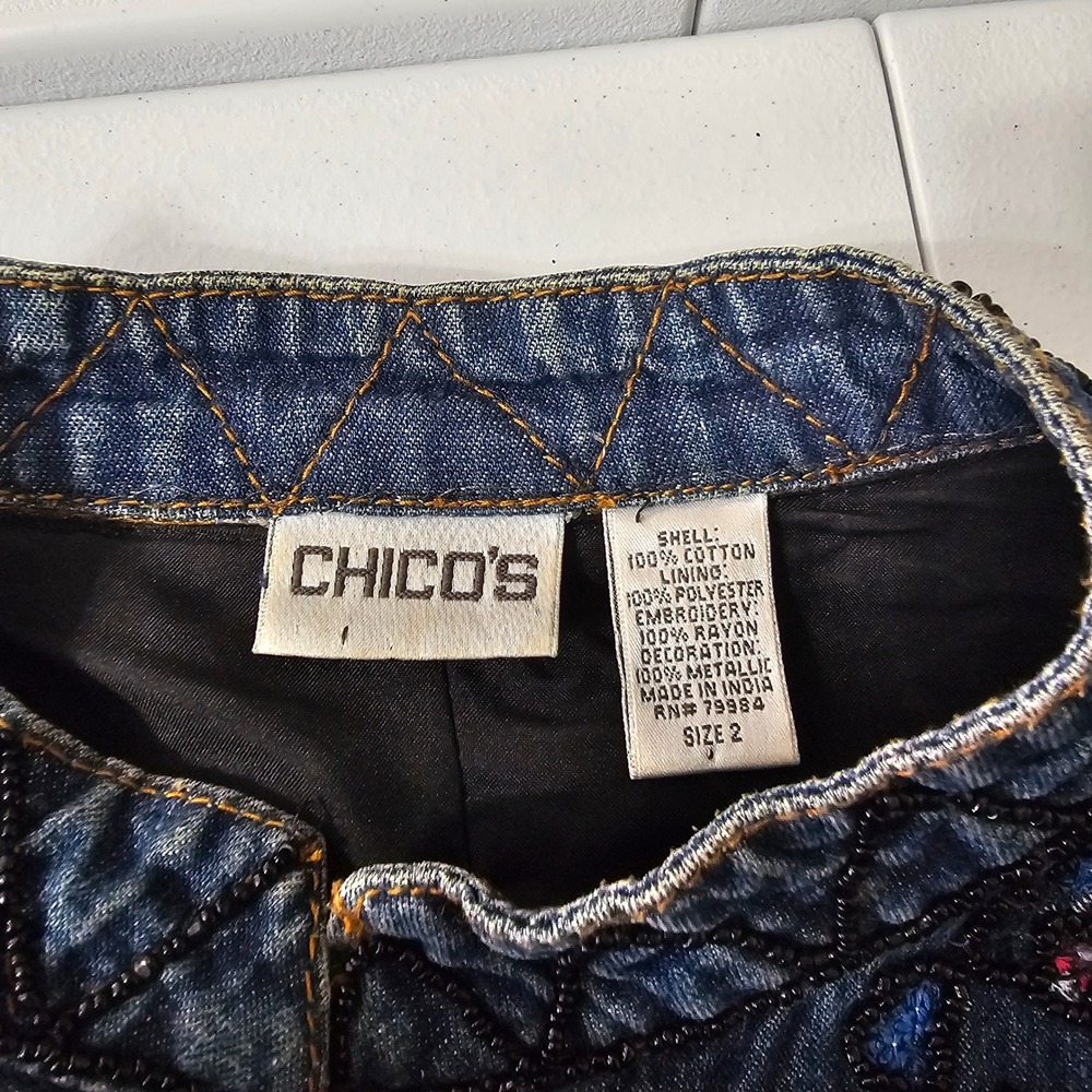 Chicos Heavily Beaded Denim Jacket L Blue Art to Wear Bohemian Paisley Artsy - Picture 4 of 12